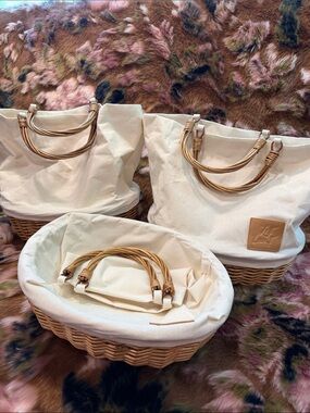 3x Canvas & Wicker Tote Bags with Rattan Handles - Cream and Brown